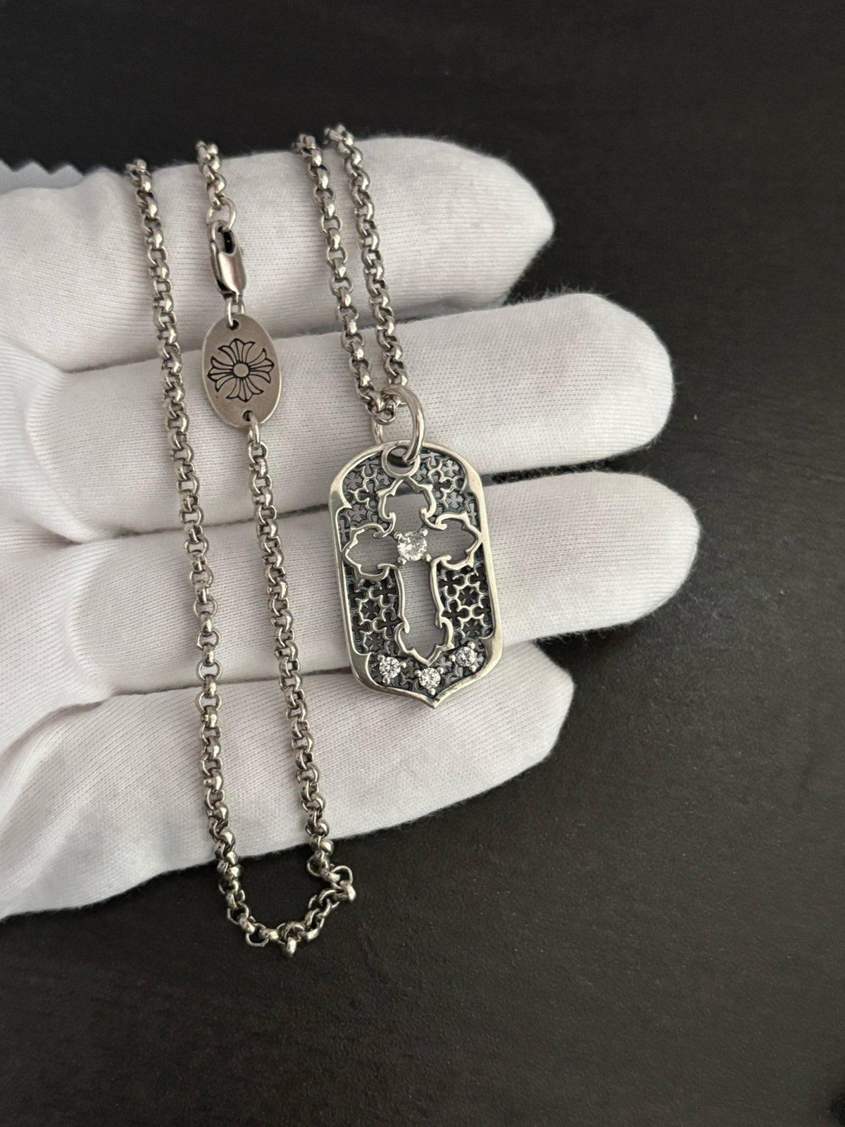 silver crystal vintage Necklace for men - product detail view