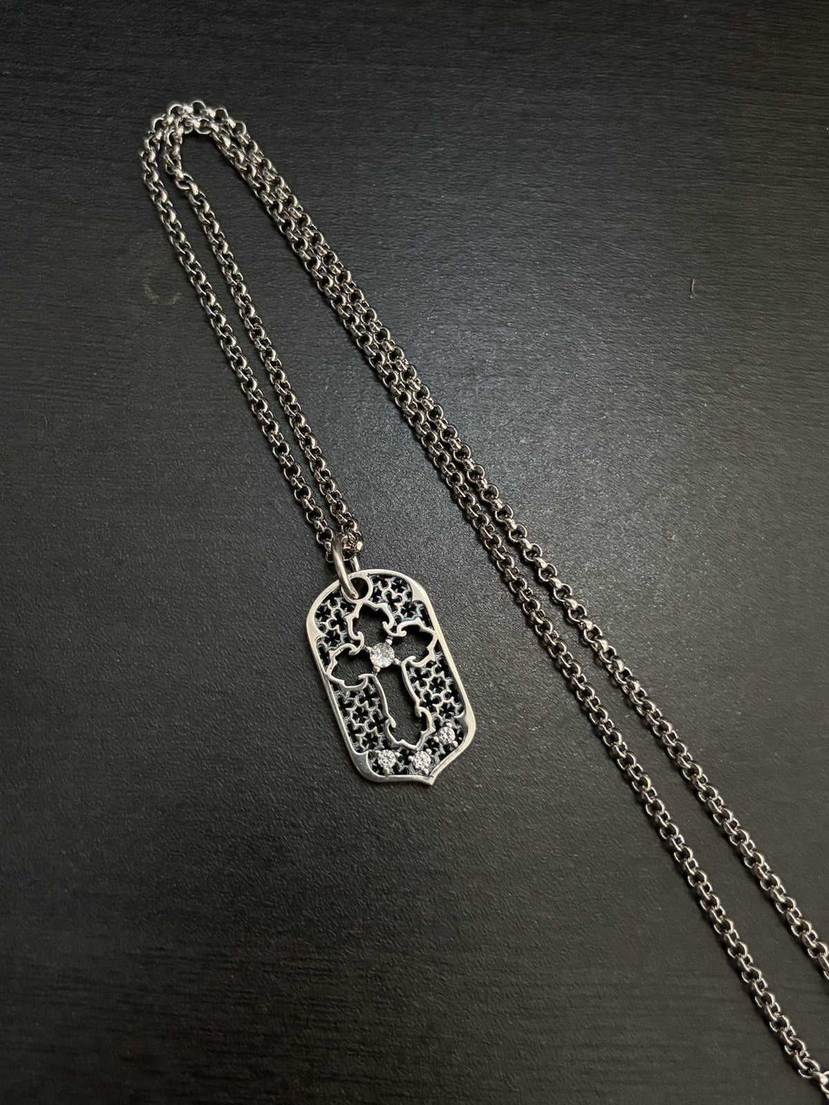 silver crystal vintage Necklace for men - alternate angle view 4