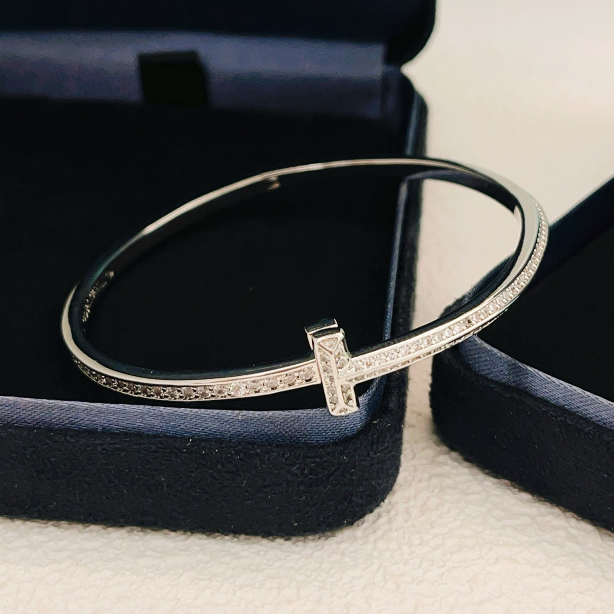 silver brass luxury Bangle for women - product detail view