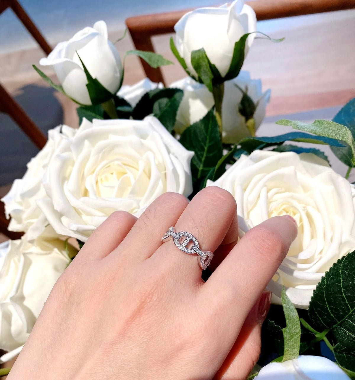 rose gold crystal rose Ring for women - alternate angle view 2
