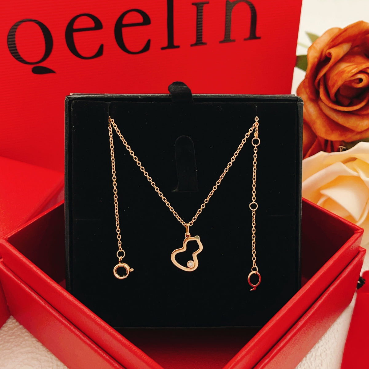 rose gold brass rose Necklace for women - alternate angle view 4