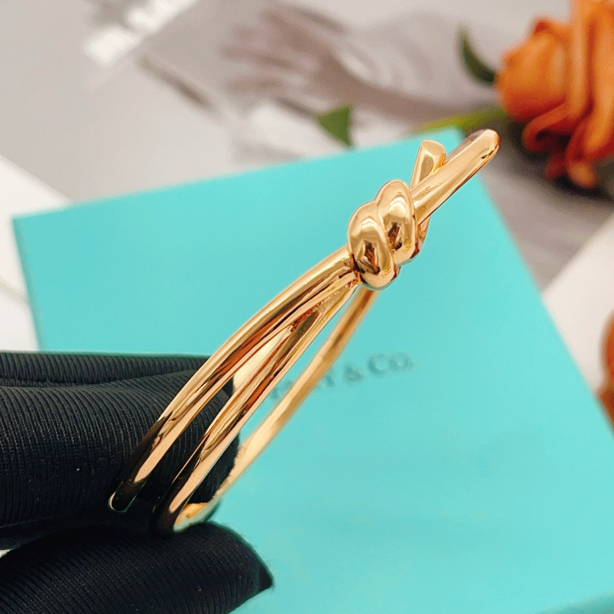 rose gold brass rose Bangle for women - alternate angle view 4