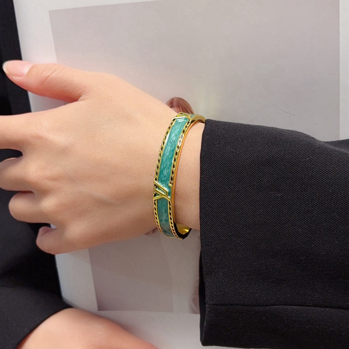 gold letter Bangle for women - alternate angle view 2
