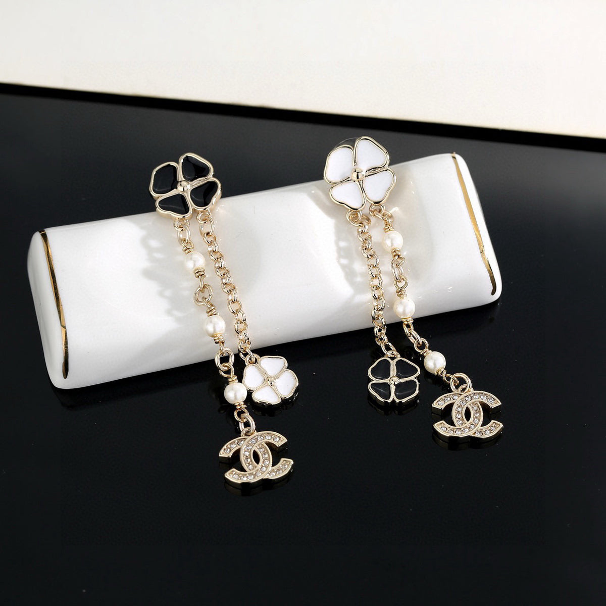 black and white floral Drop Earrings for women - alternate angle view 2