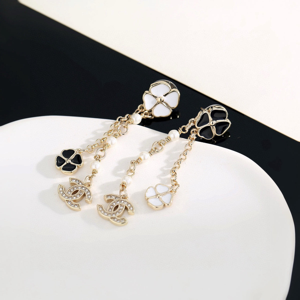 black and white floral Drop Earrings for women - alternate angle view 5