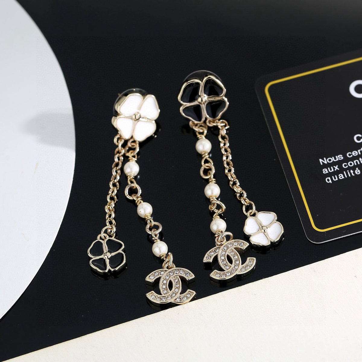 black and white floral Drop Earrings for women - product detail view