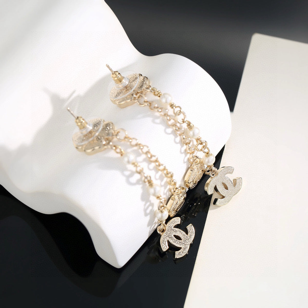 black and white floral Drop Earrings for women - alternate angle view 7