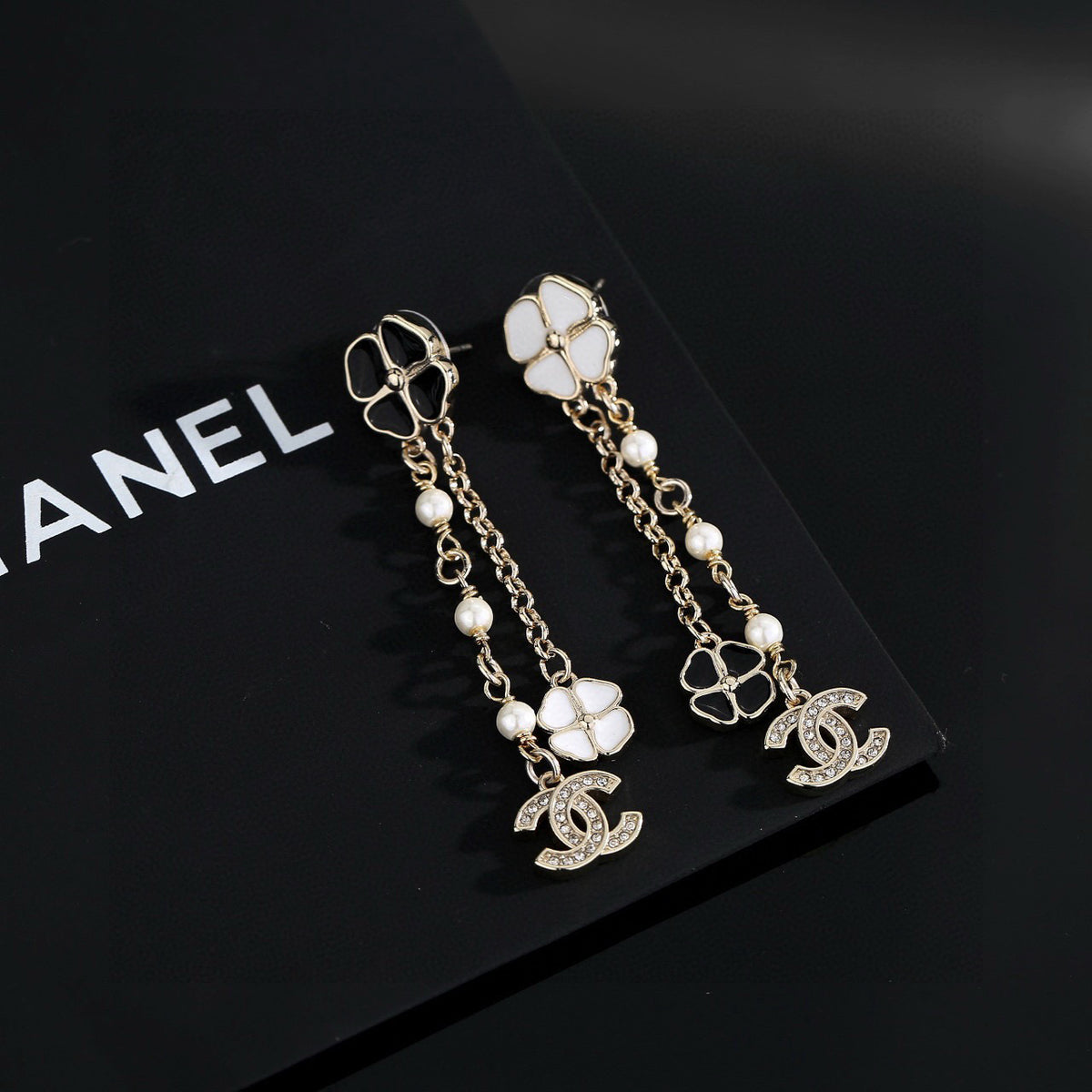 black and white floral Drop Earrings for women - alternate angle view 4