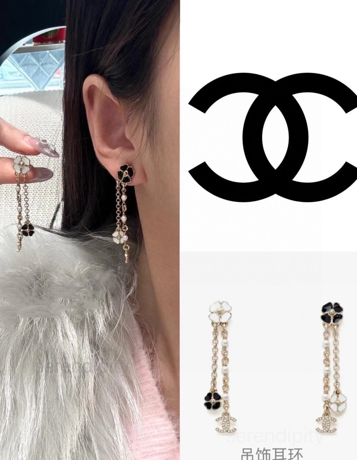 black and white floral Drop Earrings for women - alternate angle view 6