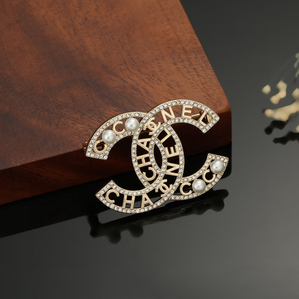 light gold pearl double c Brooch for women - alternate angle view 5