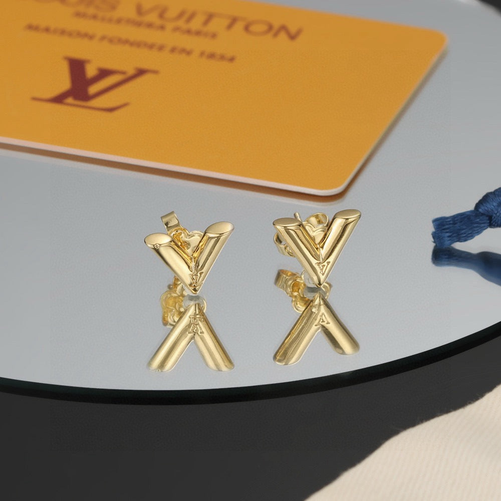 yellow brass letter Stud Earrings for women - alternate angle view 4