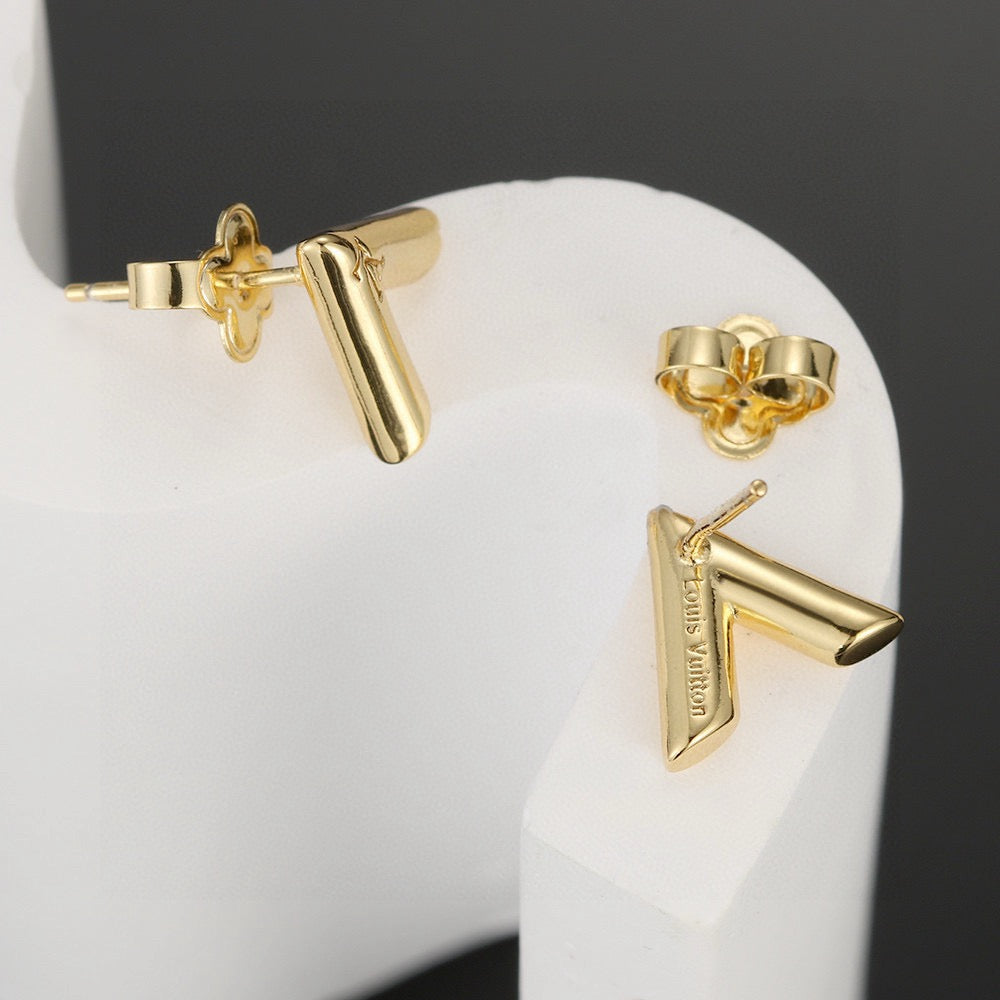 yellow brass letter Stud Earrings for women - alternate angle view 5