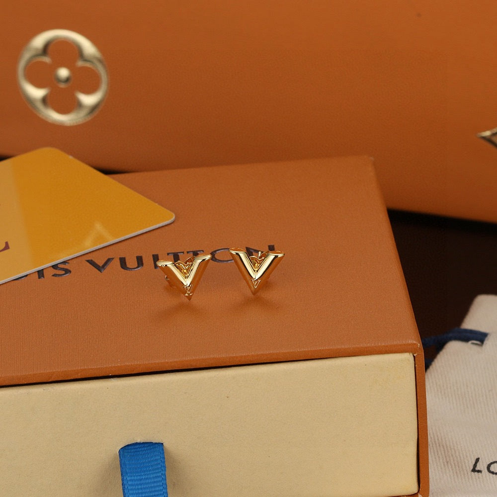 yellow brass letter Stud Earrings for women - alternate angle view 2
