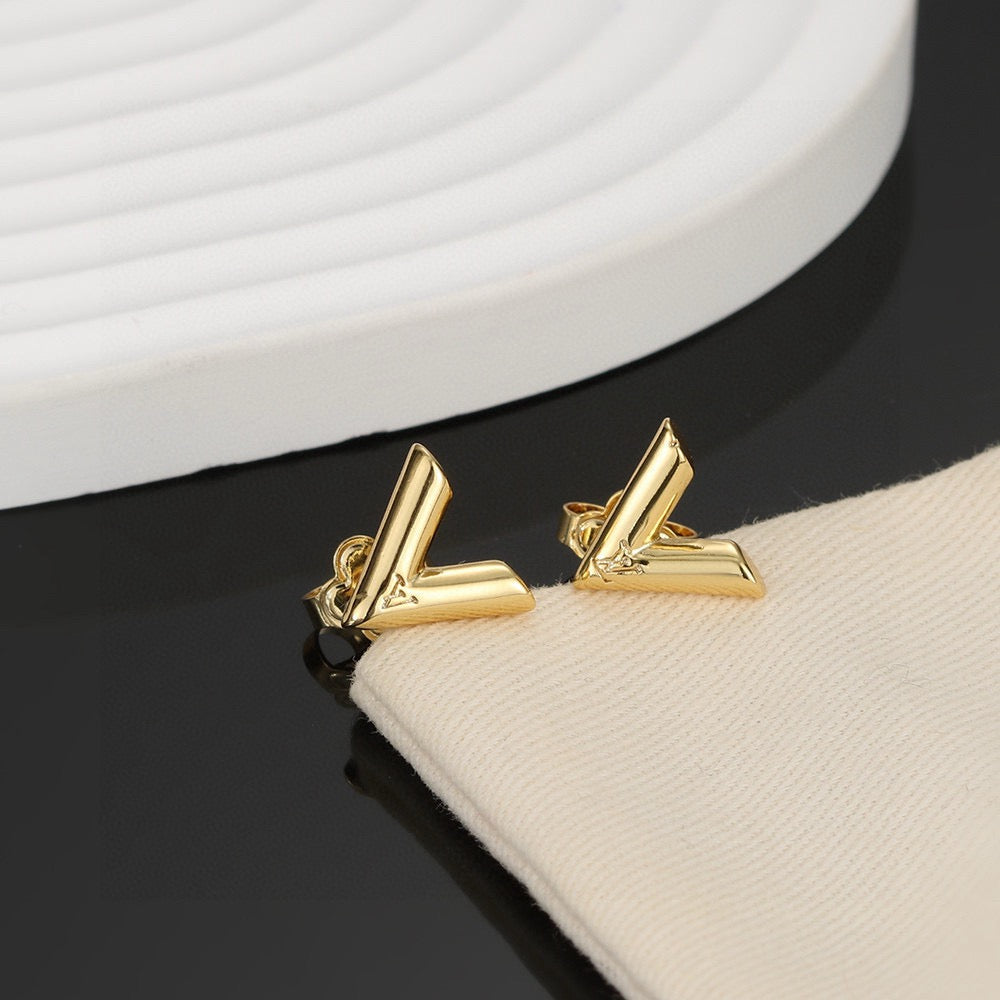 yellow brass letter Stud Earrings for women - alternate angle view 7