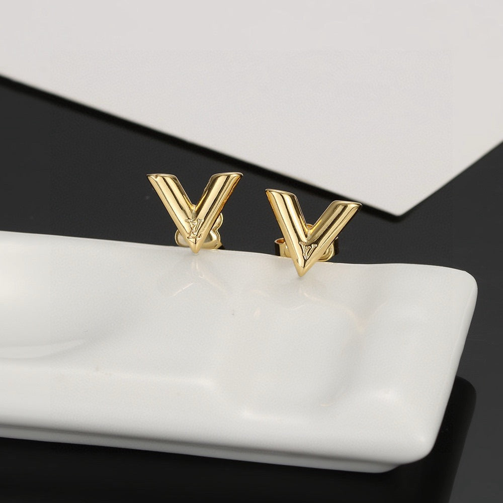 yellow brass letter Stud Earrings for women - alternate angle view 3
