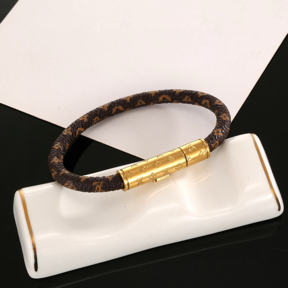 gold genuine leather delicate Bracelet for unisex couple - alternate angle view 6