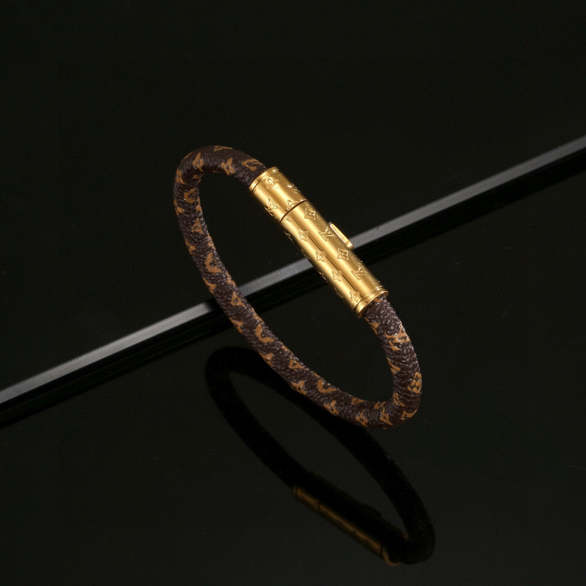 gold genuine leather delicate Bracelet for unisex couple - alternate angle view 2