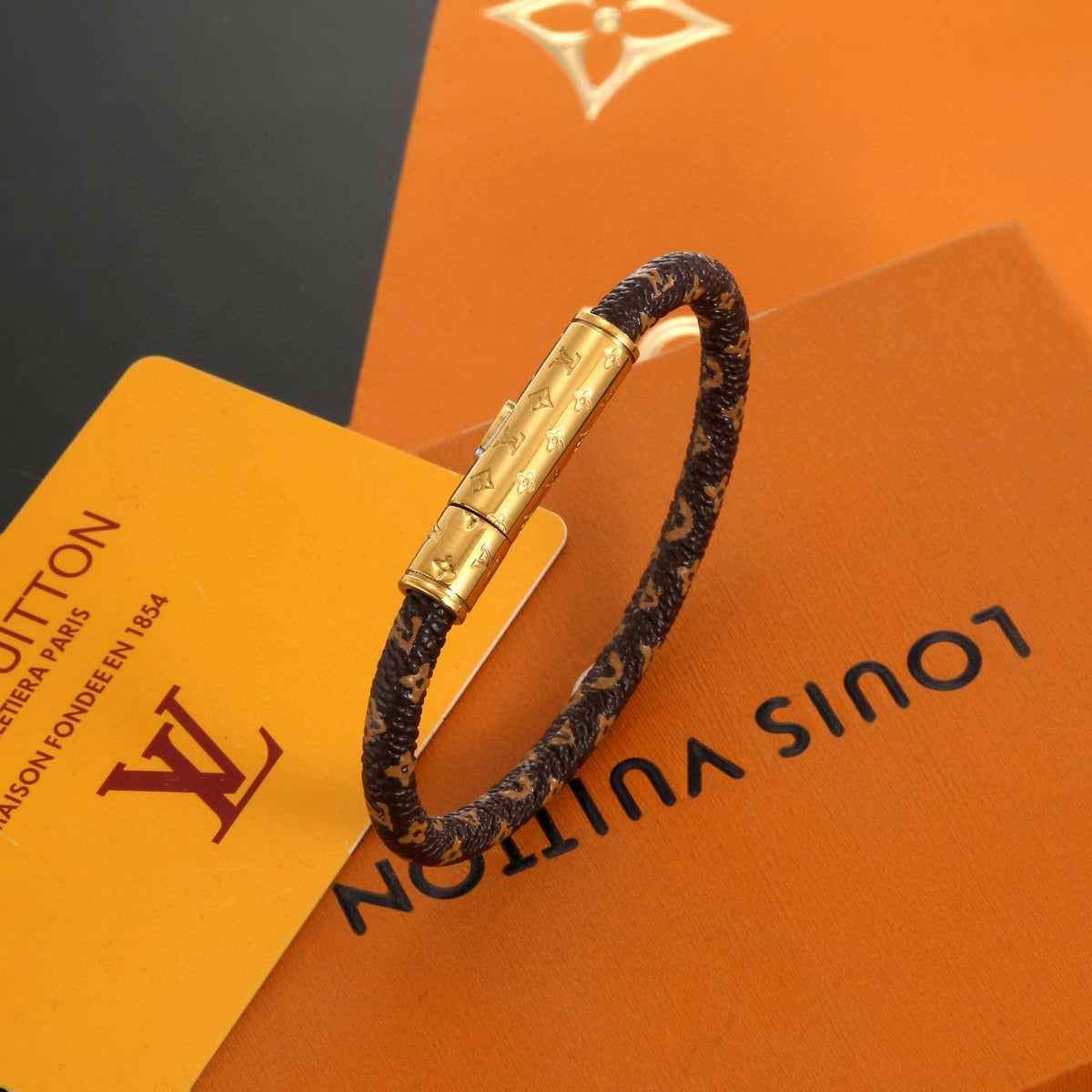 gold genuine leather delicate Bracelet for unisex couple - product detail view