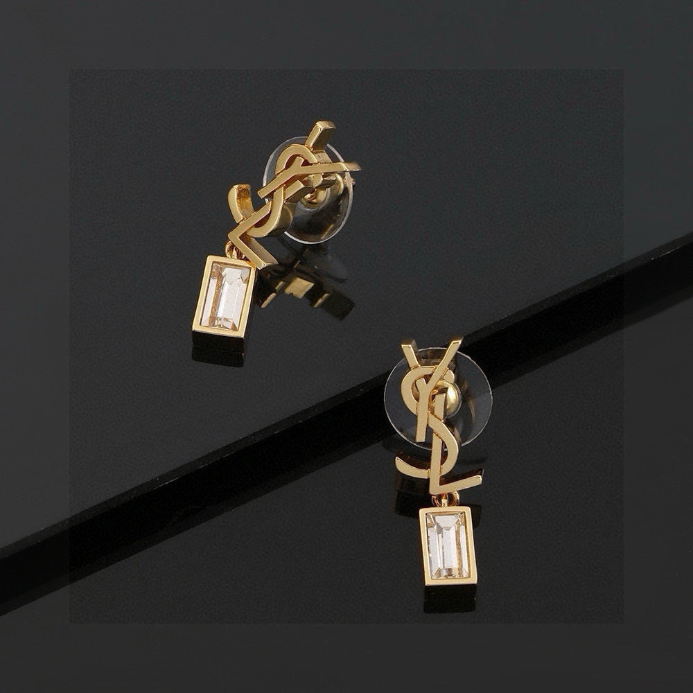 yellow brass elegant Stud Earrings for women - alternate angle view 3