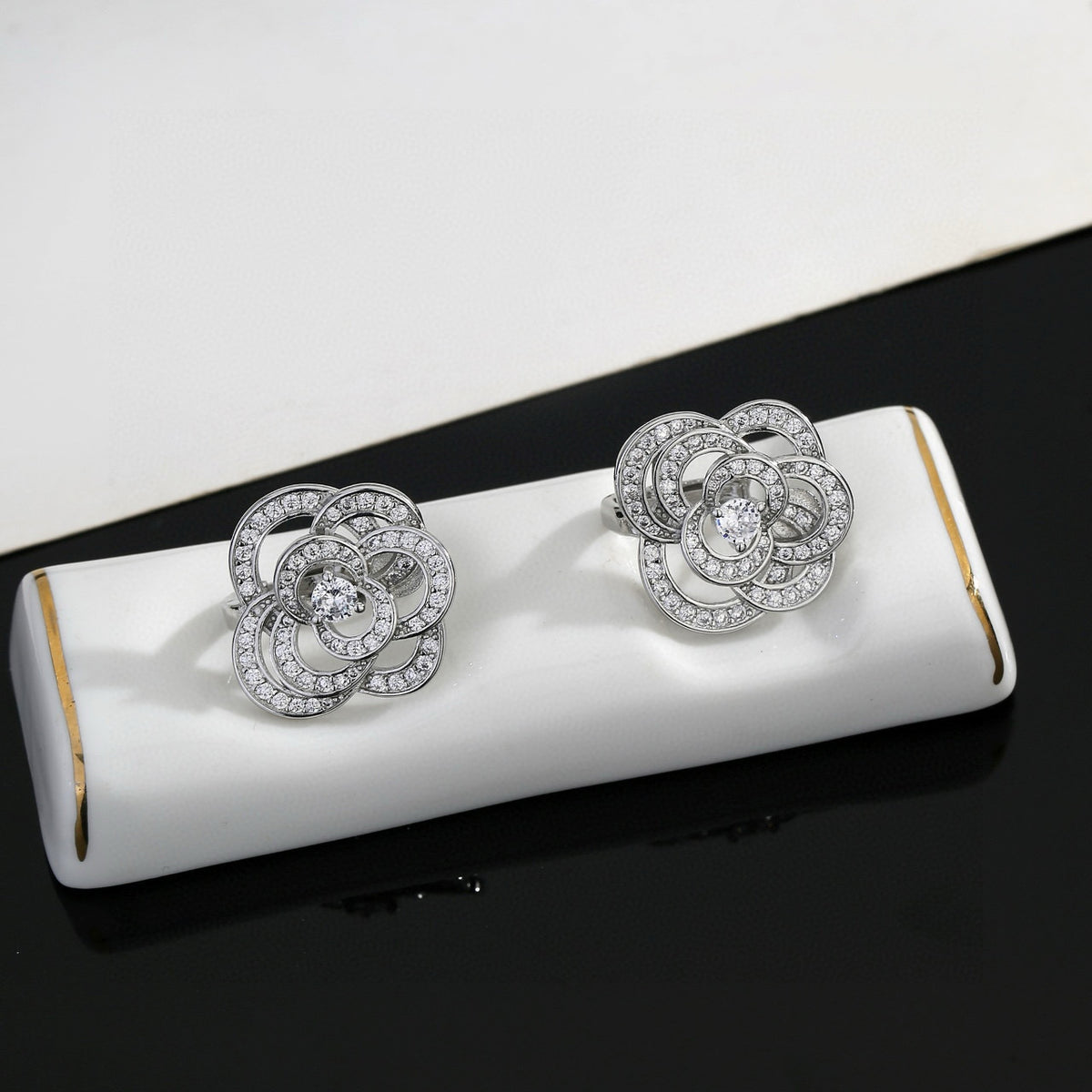 yellow brass floral Stud Earrings for women - alternate angle view 2