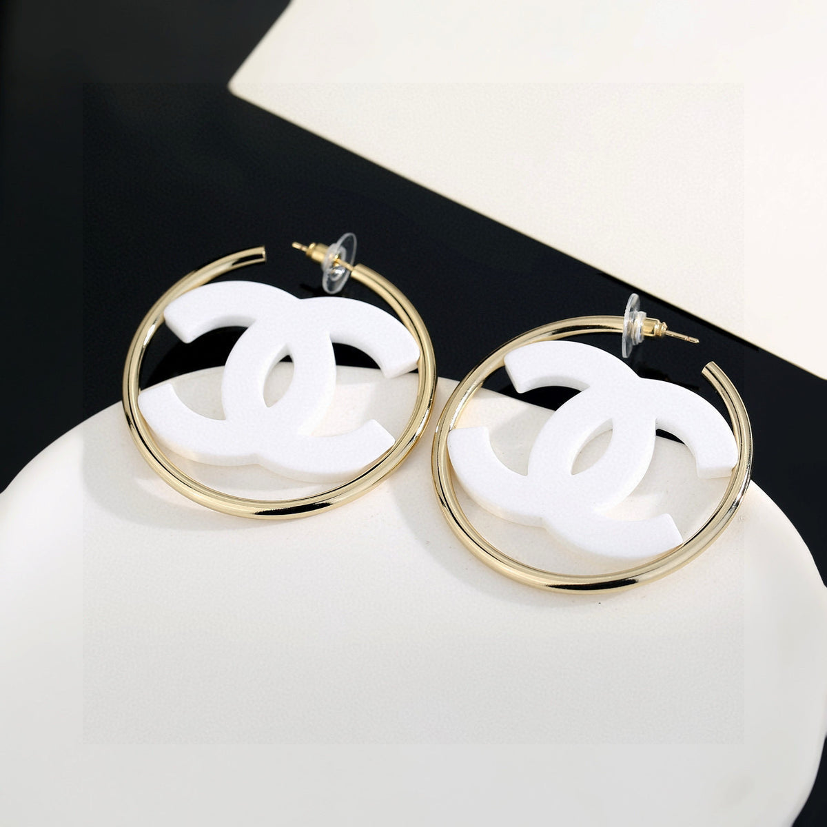 black and white acrylic luxury Stud Earrings for women - alternate angle view 3
