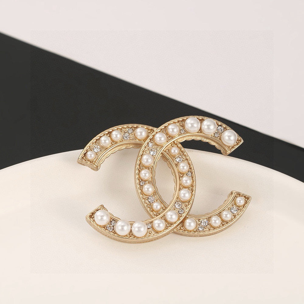 light gold pearl double c Brooch for women - product detail view