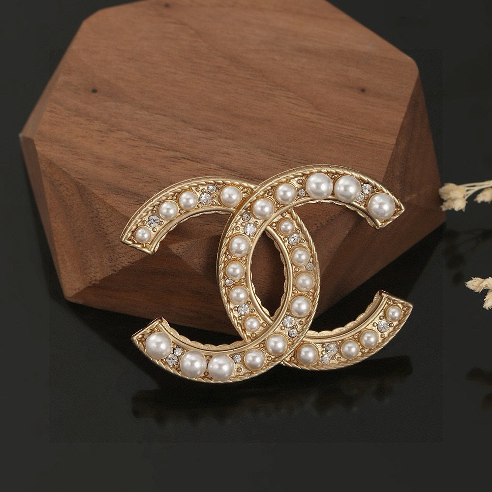 light gold pearl double c Brooch for women - alternate angle view 2