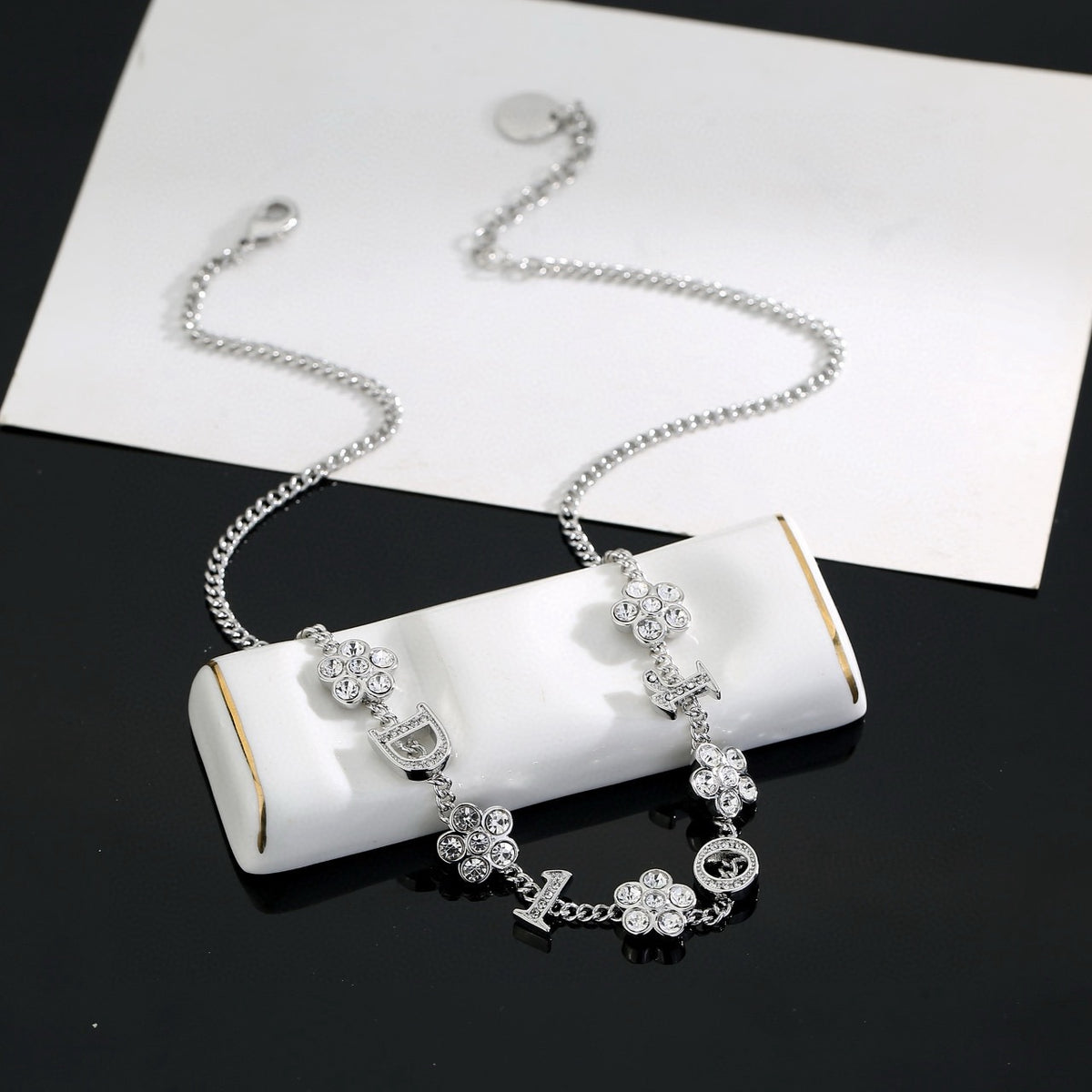 gold crystal floral Necklace for women - alternate angle view 2