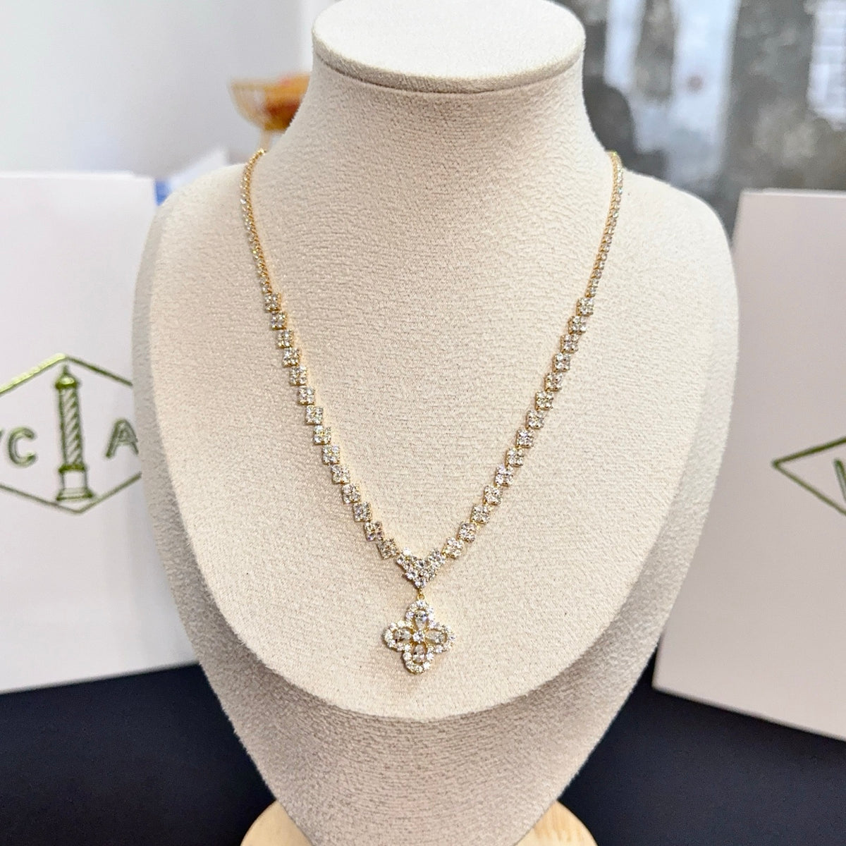 gold crystal clover Necklace for women - alternate angle view 3