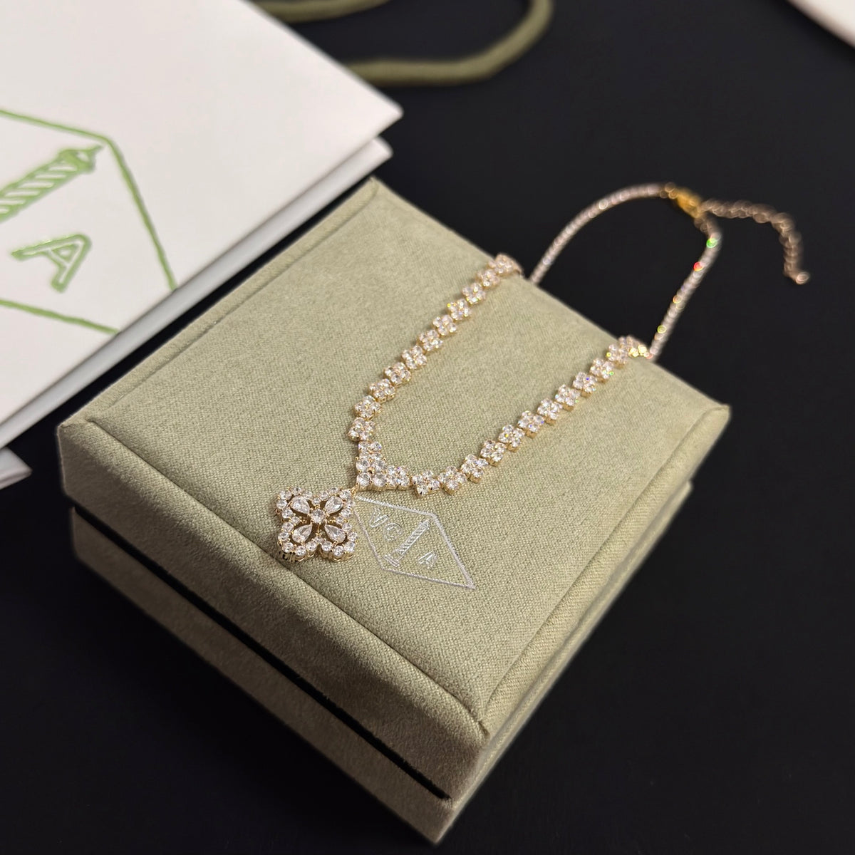 gold crystal clover Necklace for women - alternate angle view 7