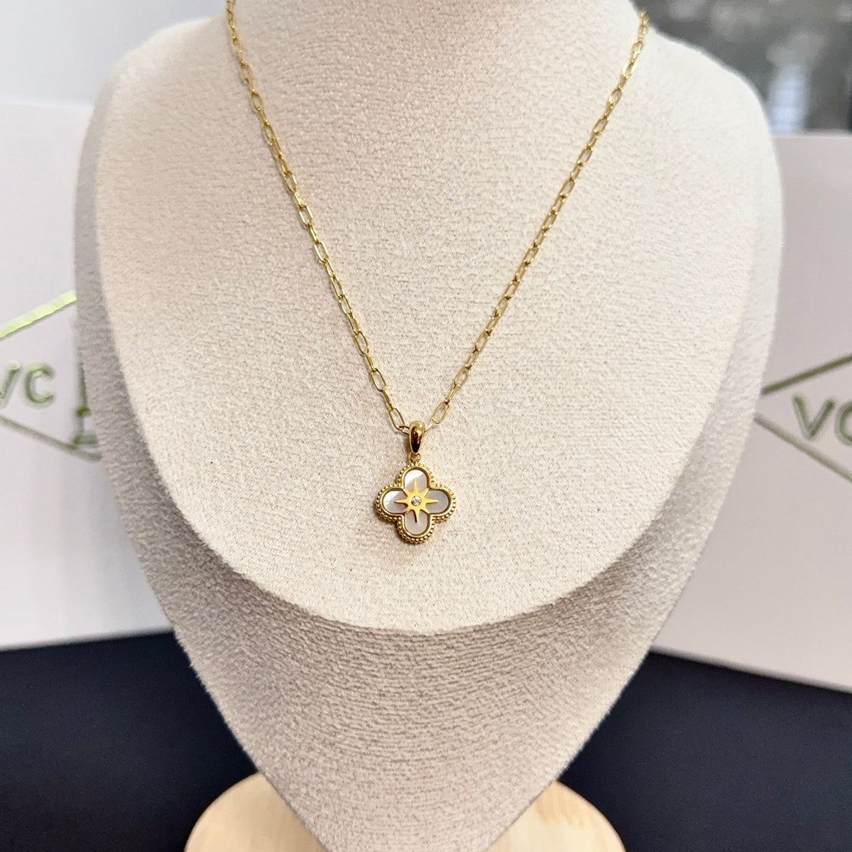 gold crystal clover Necklace for women - alternate angle view 3