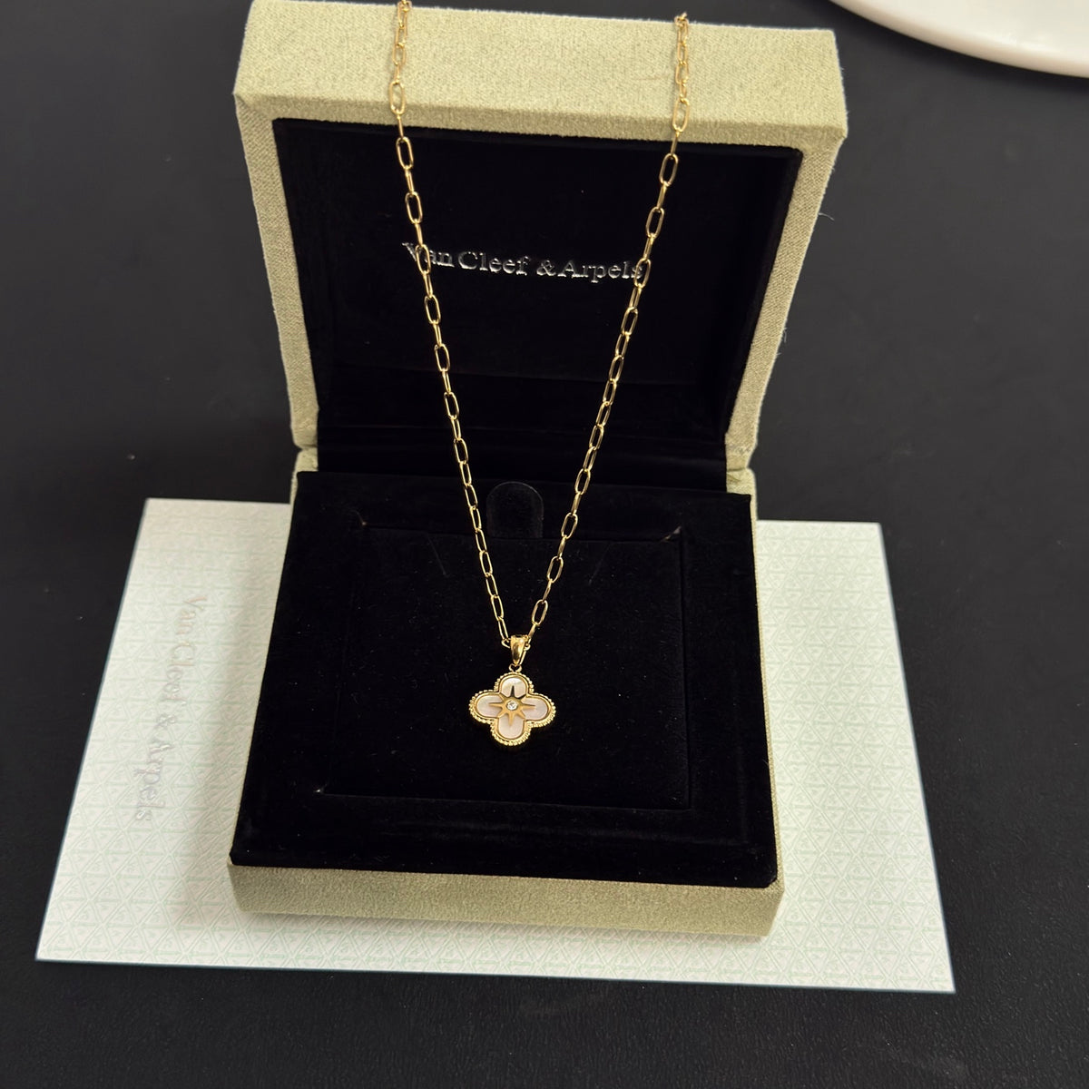 gold crystal clover Necklace for women - alternate angle view 4