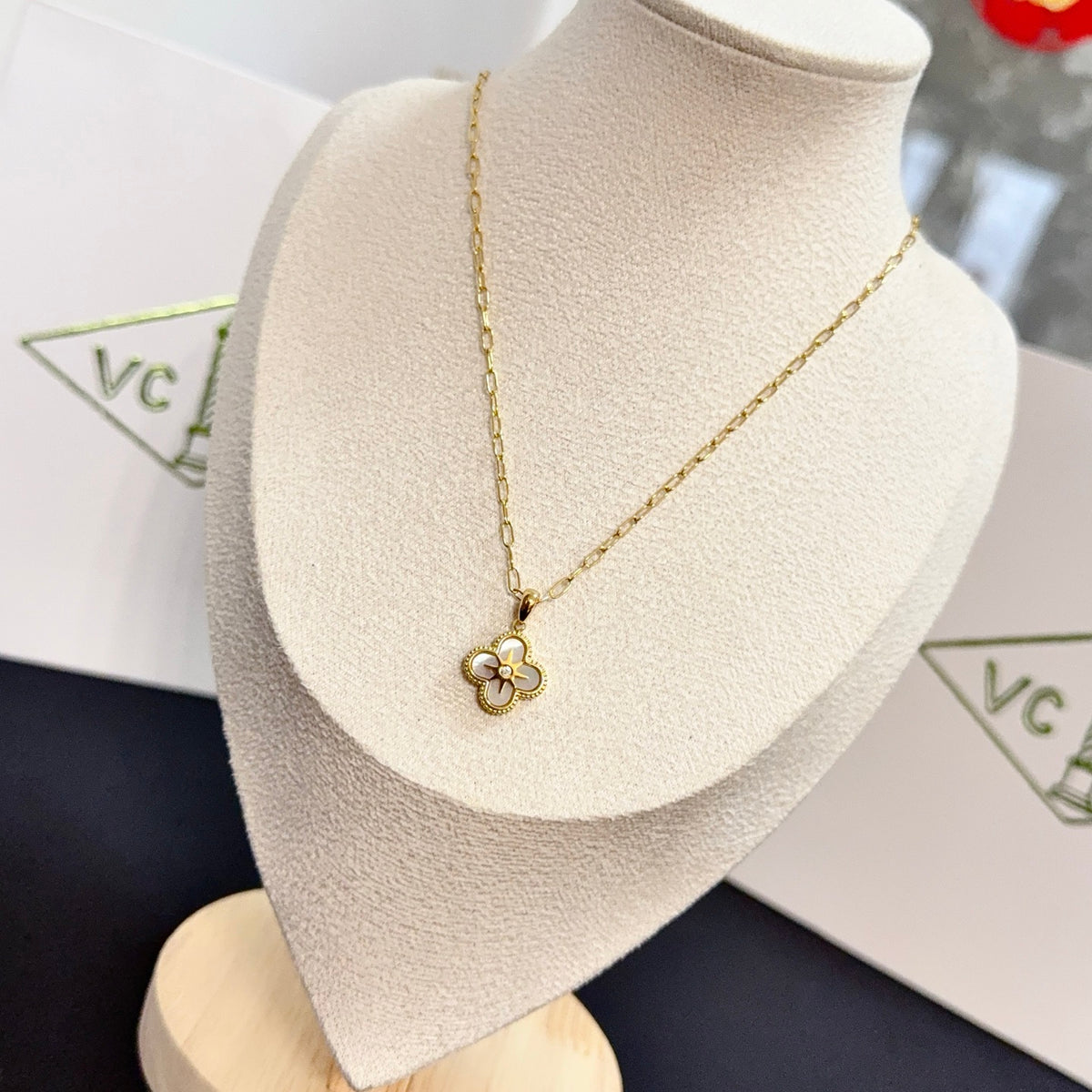 gold crystal clover Necklace for women - alternate angle view 2