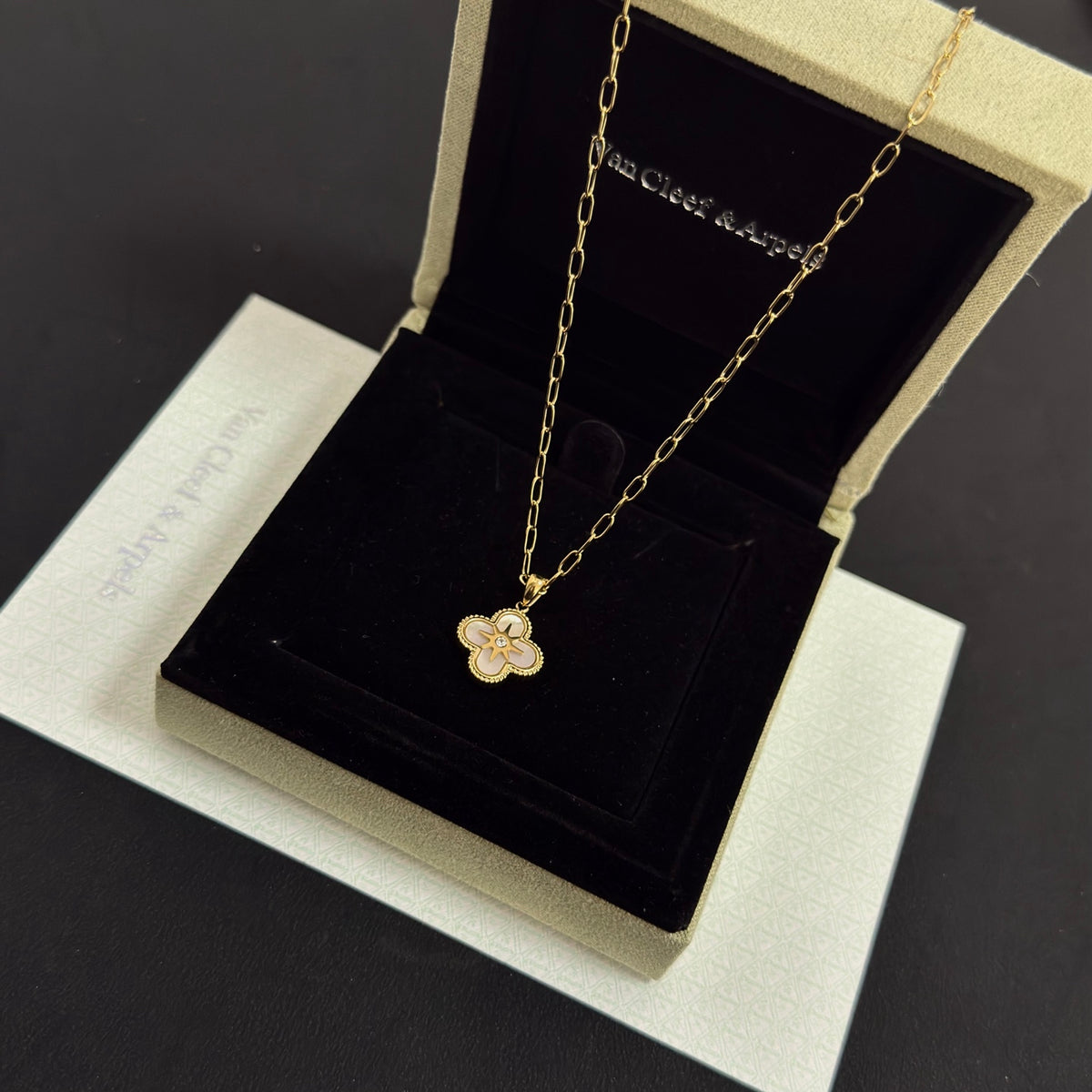 gold crystal clover Necklace for women - alternate angle view 5