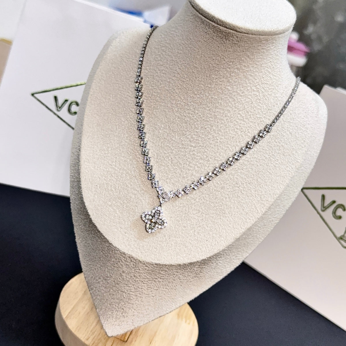 gold crystal clover Necklace for women - alternate angle view 2