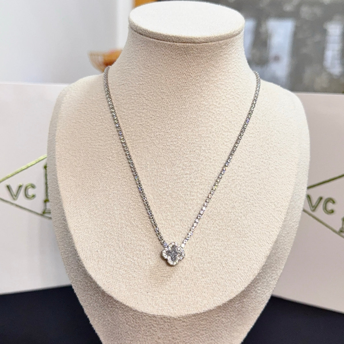 gold crystal clover Necklace for women - alternate angle view 3