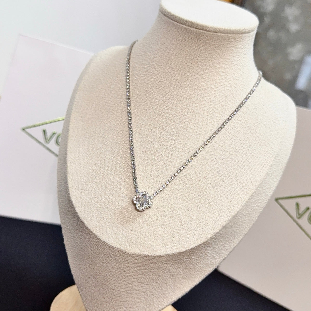 gold crystal clover Necklace for women - alternate angle view 2