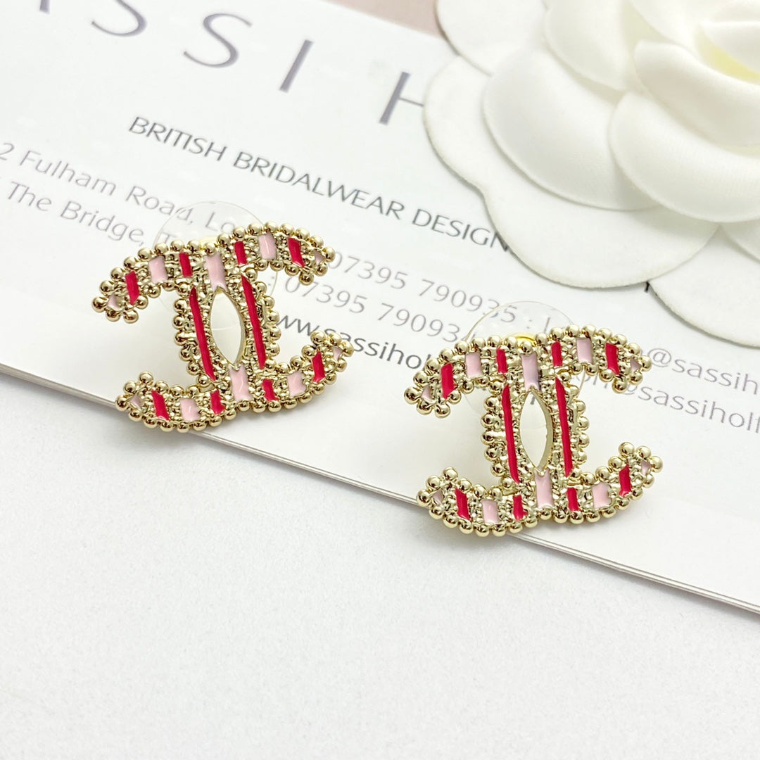 pink enamel floral Stud Earrings for women - alternate angle view 3