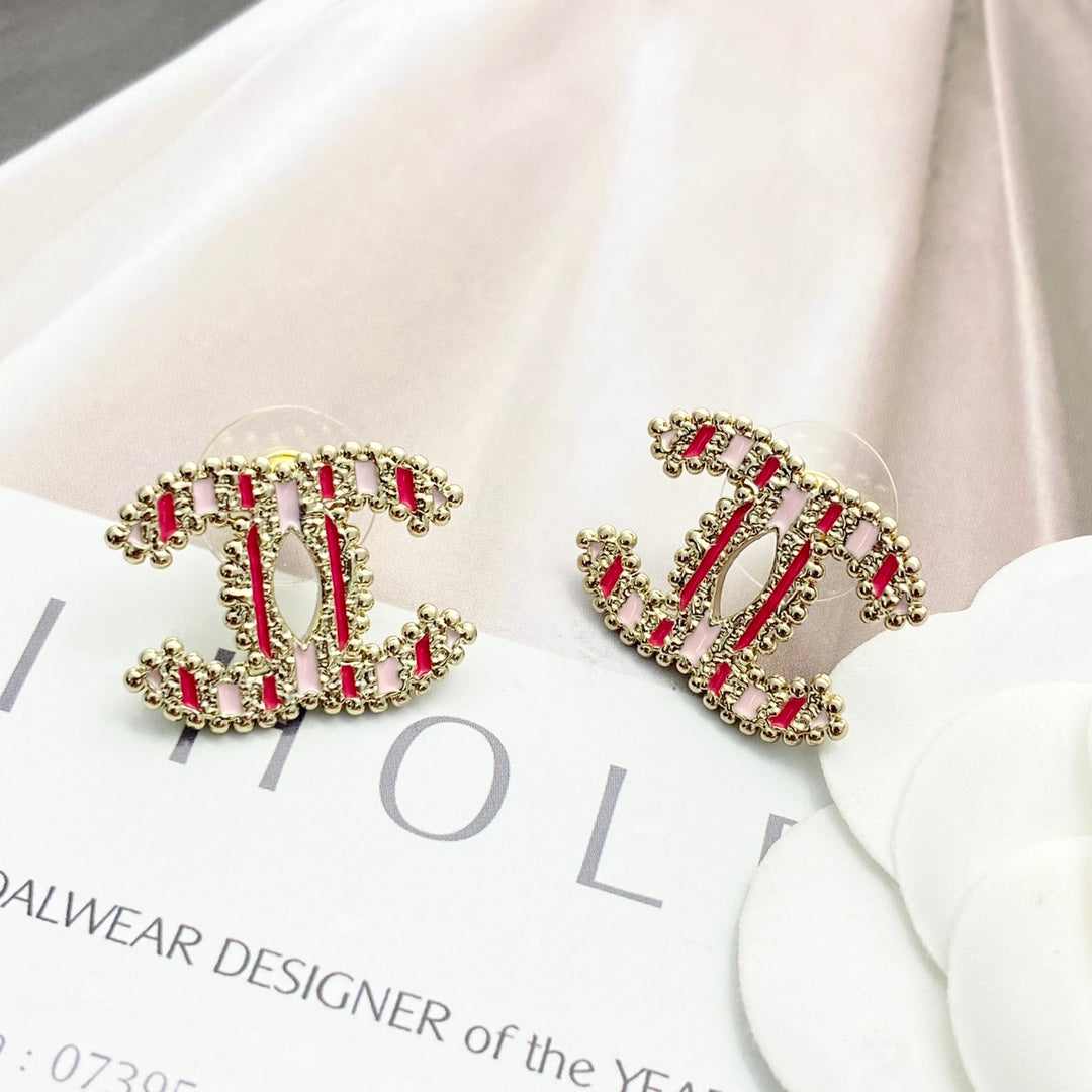 pink enamel floral Stud Earrings for women - alternate angle view 5