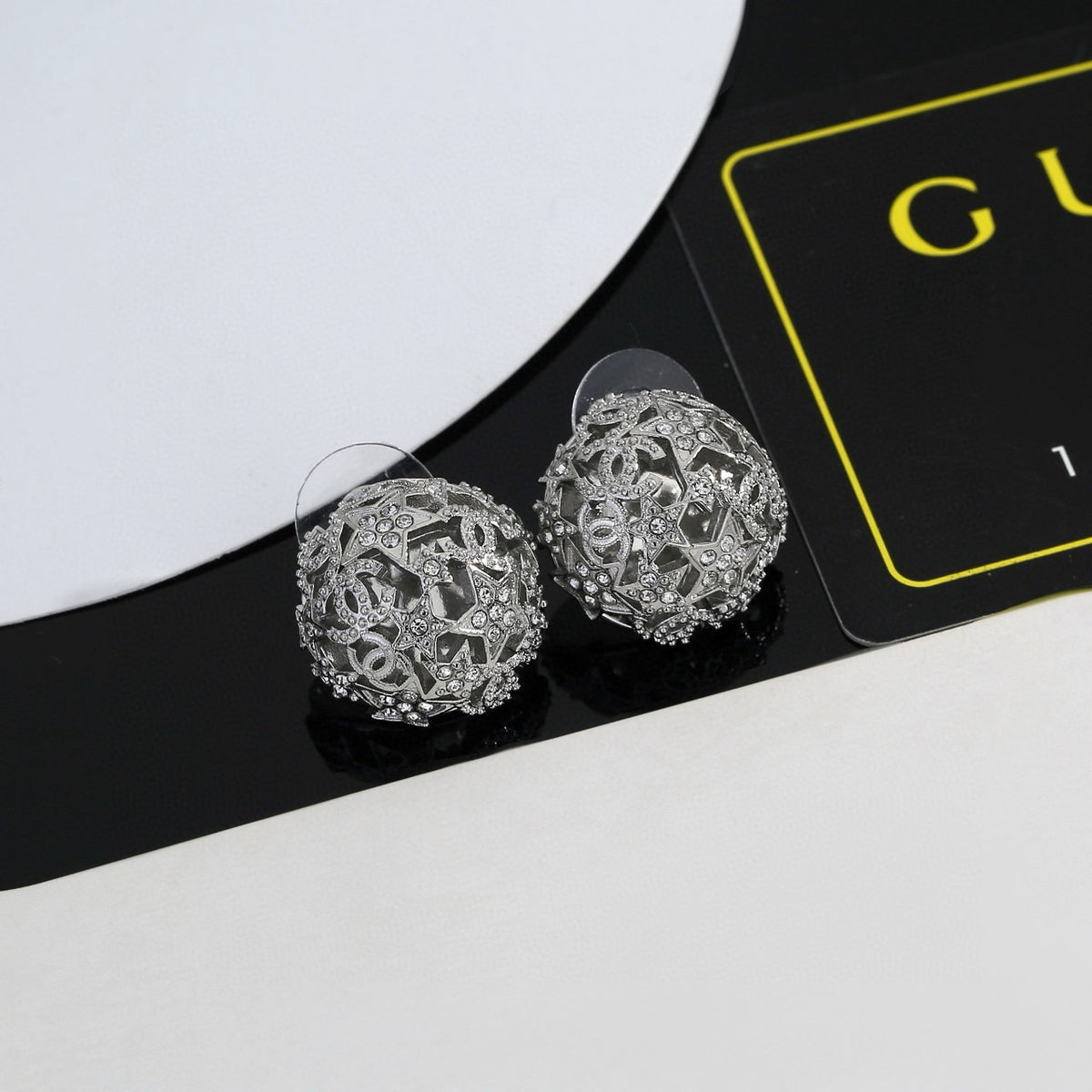 yellow brass hollow Stud Earrings for women - alternate angle view 3