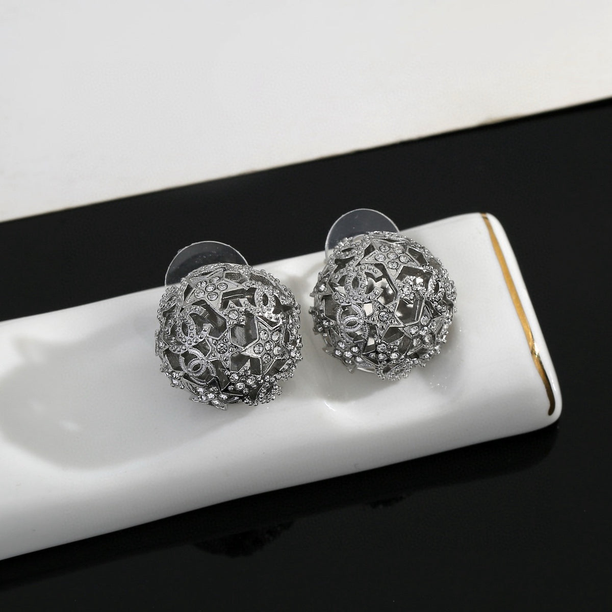 yellow brass hollow Stud Earrings for women - alternate angle view 7