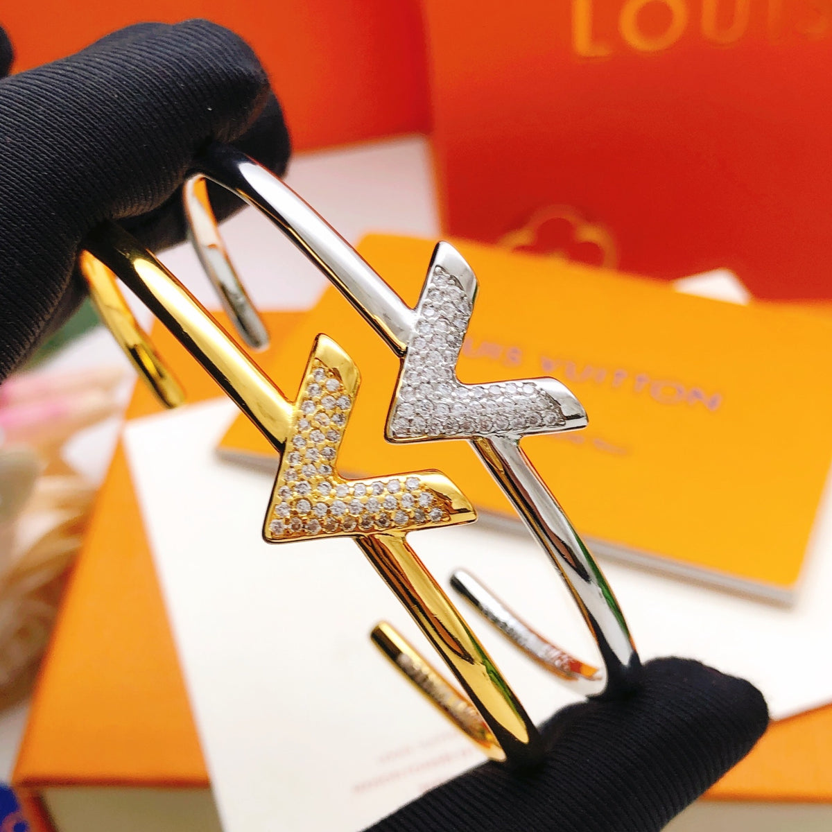 yellow brass crystal inlaid Bangle for women - alternate angle view 7