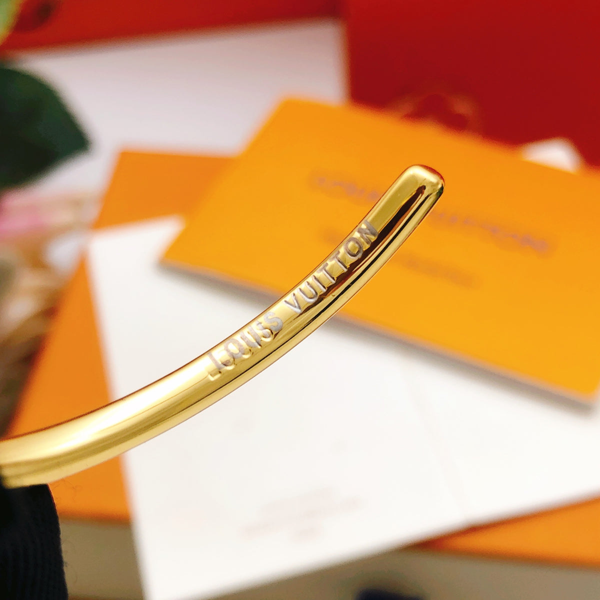 yellow brass crystal inlaid Bangle for women - alternate angle view 3