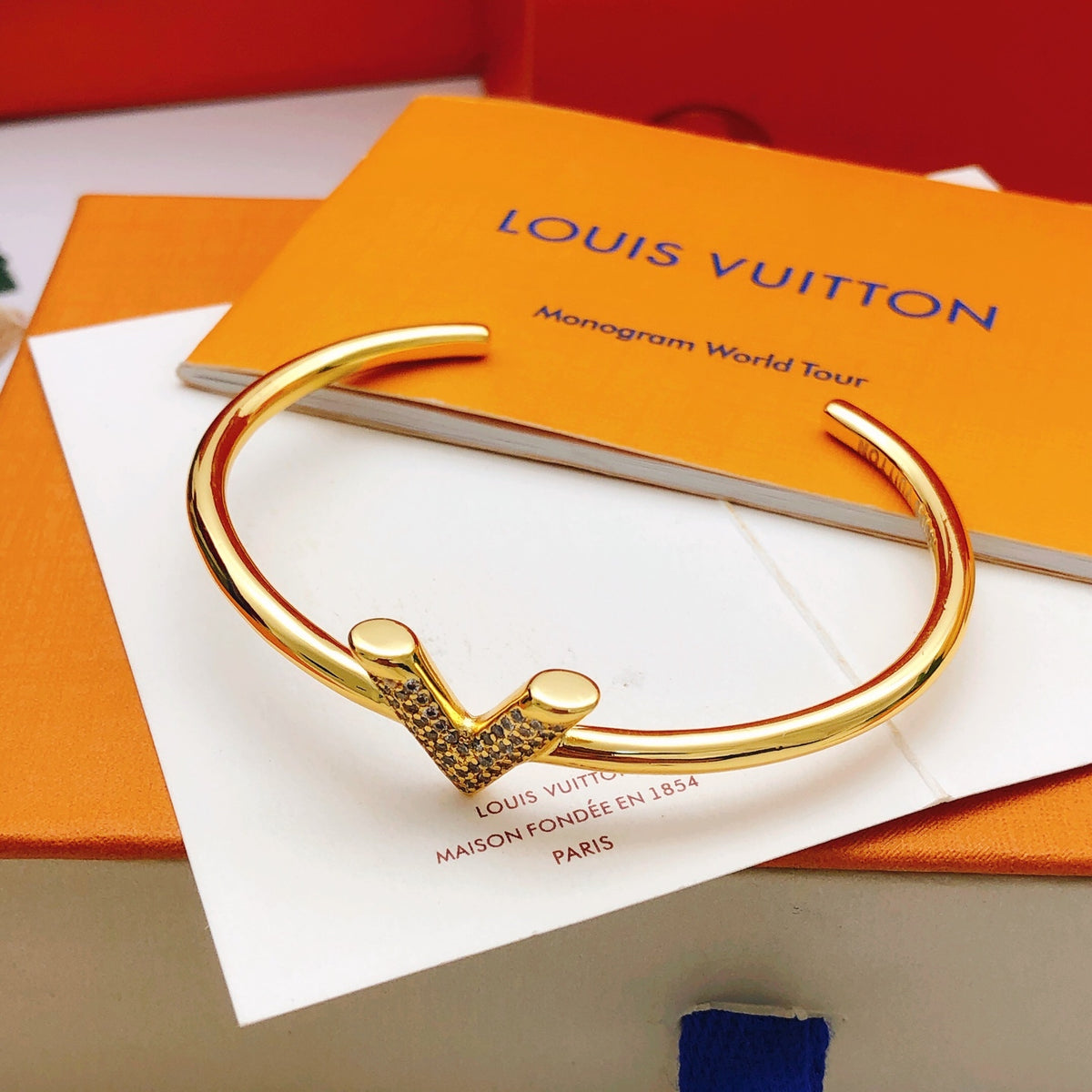 yellow brass crystal inlaid Bangle for women - alternate angle view 5