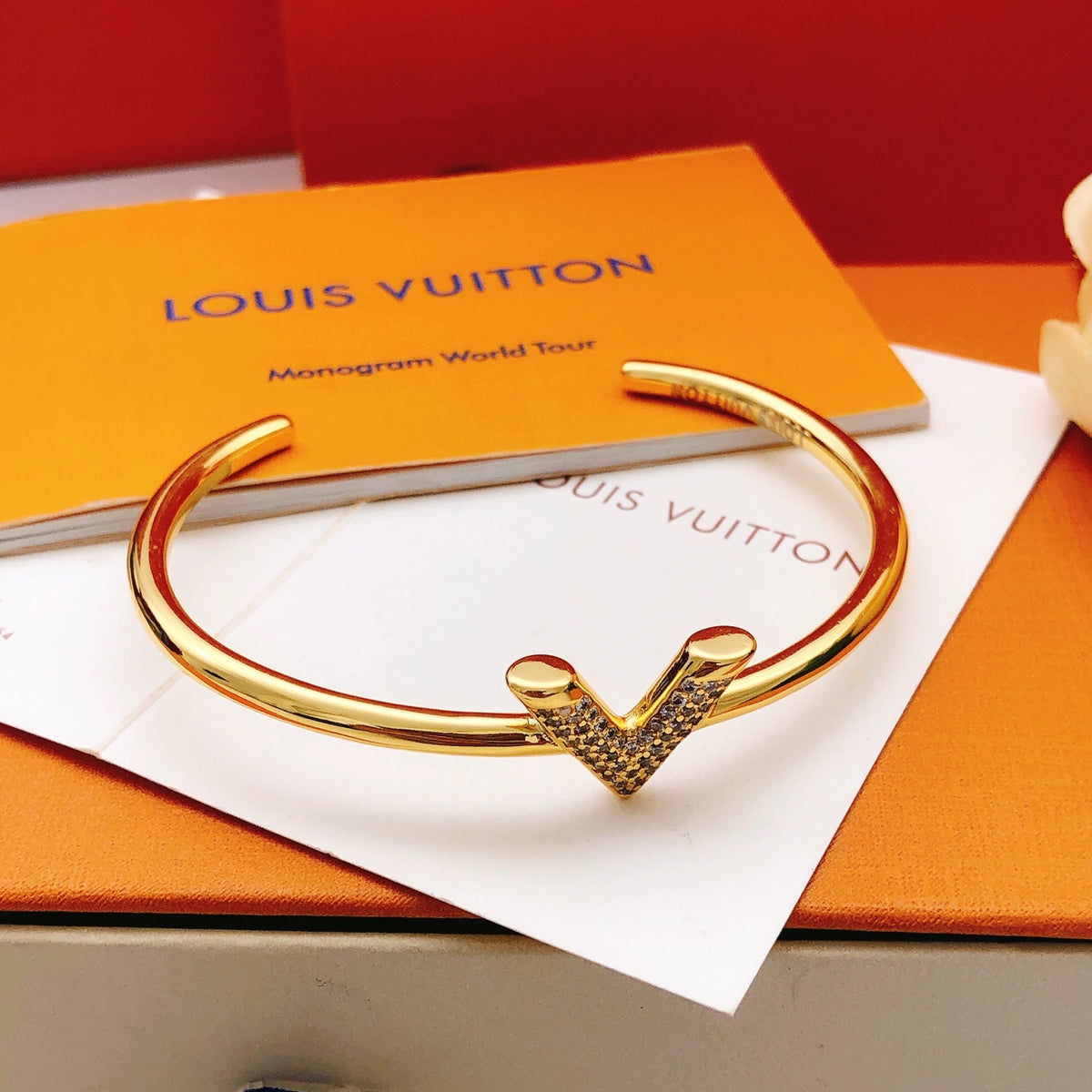 yellow brass crystal inlaid Bangle for women - alternate angle view 6