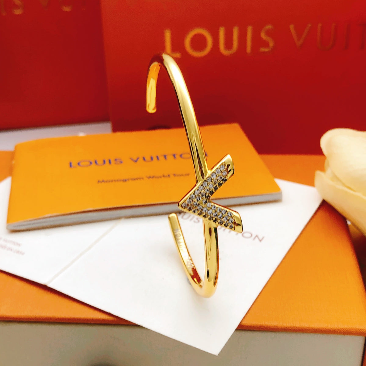 yellow brass crystal inlaid Bangle for women - alternate angle view 4