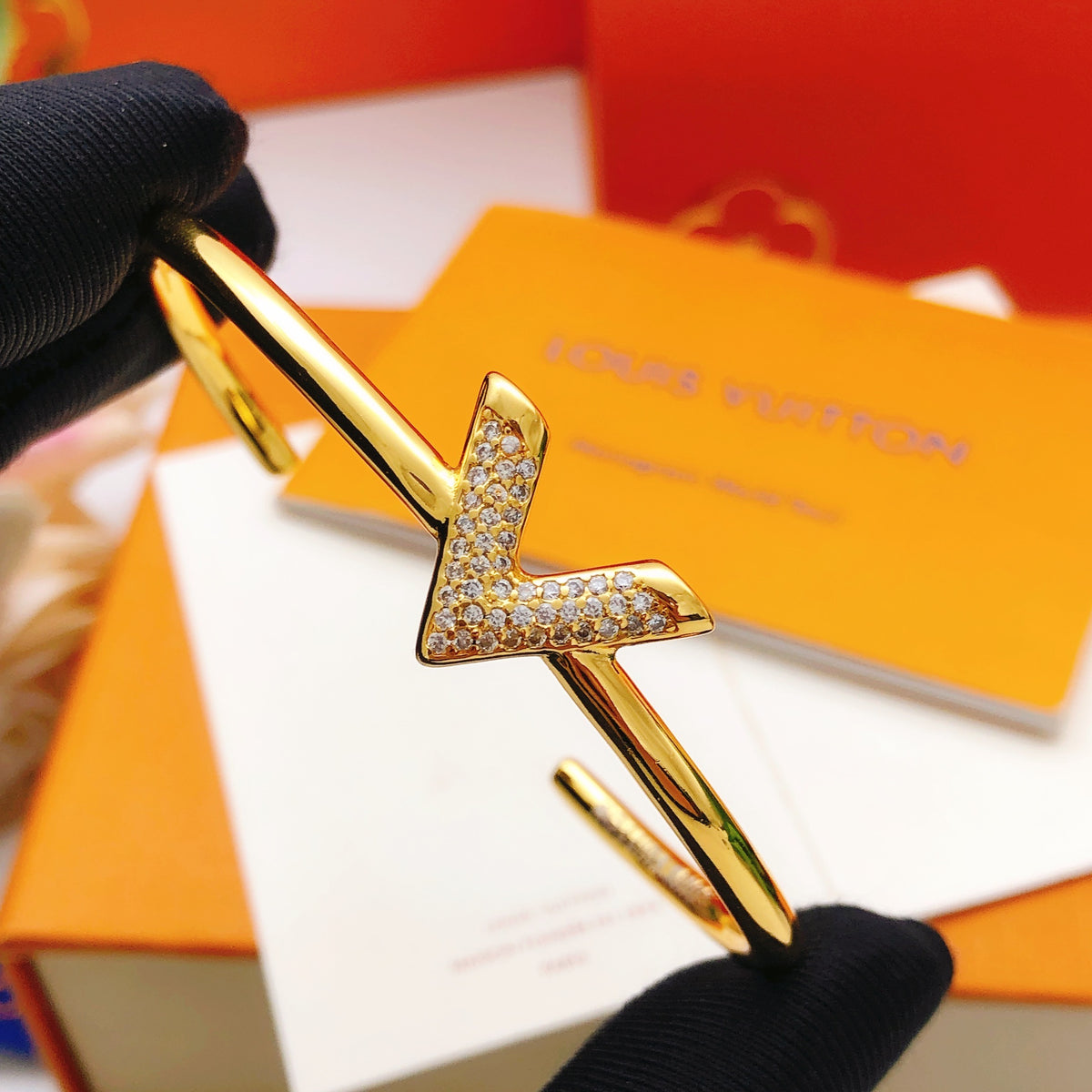 yellow brass crystal inlaid Bangle for women - product detail view