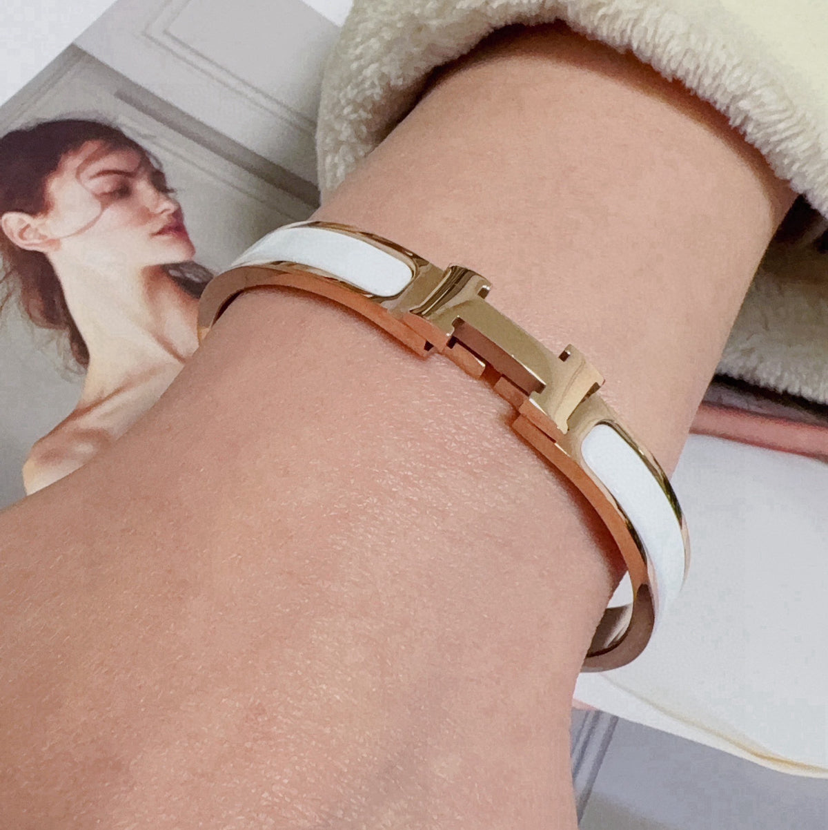 rose gold enamel rose Bangle for women - alternate angle view 2