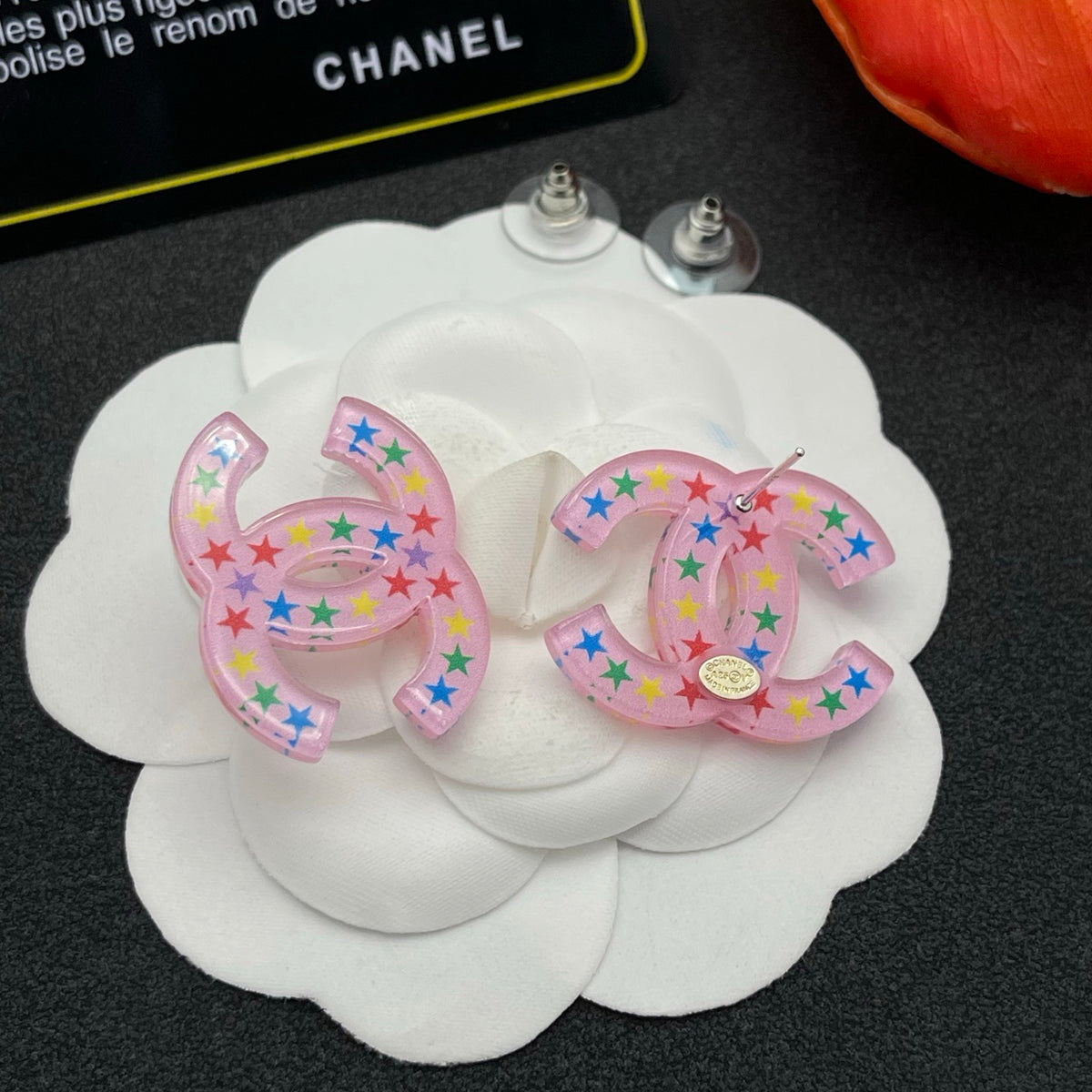 pink acrylic star Stud Earrings for women - alternate angle view 3