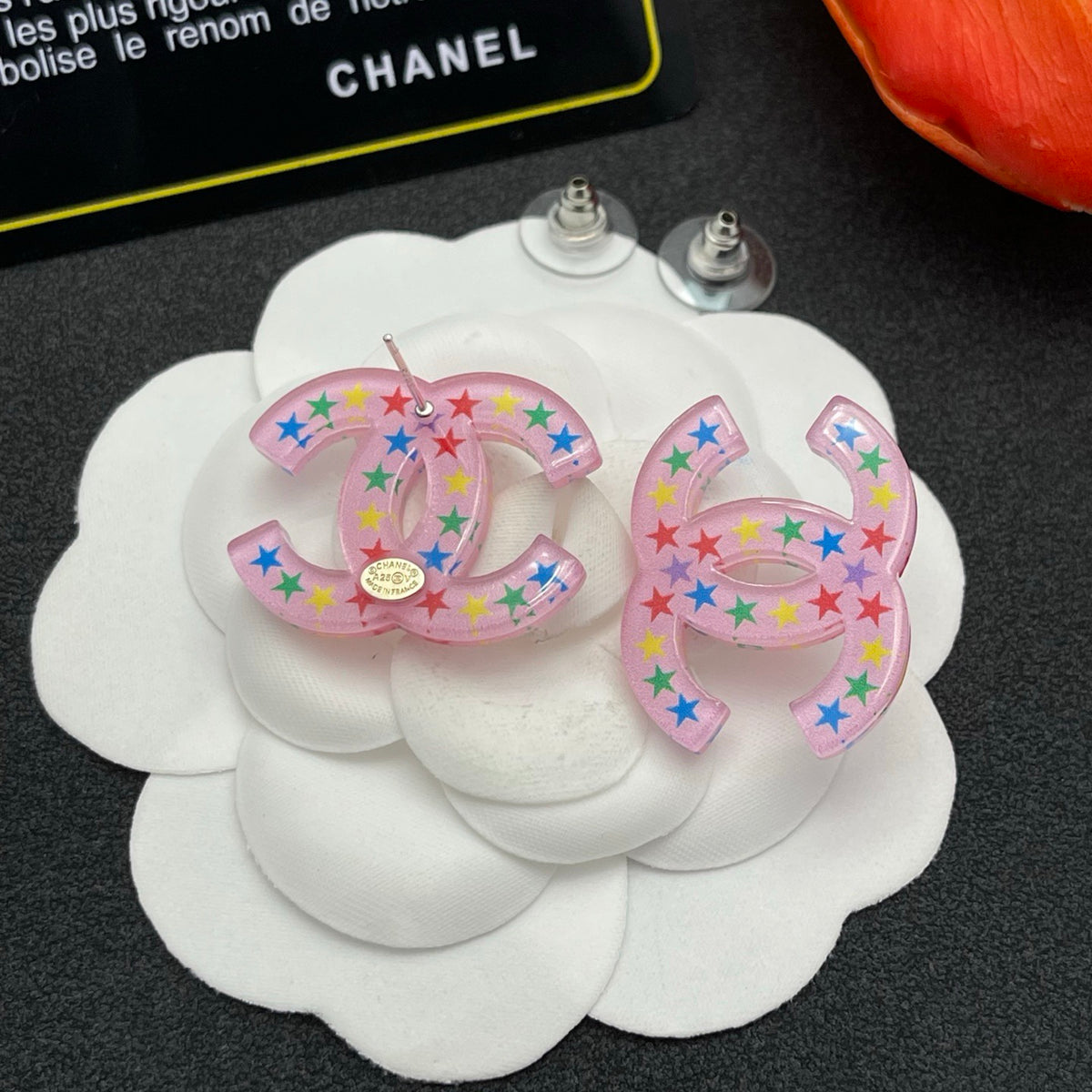 pink acrylic star Stud Earrings for women - alternate angle view 4